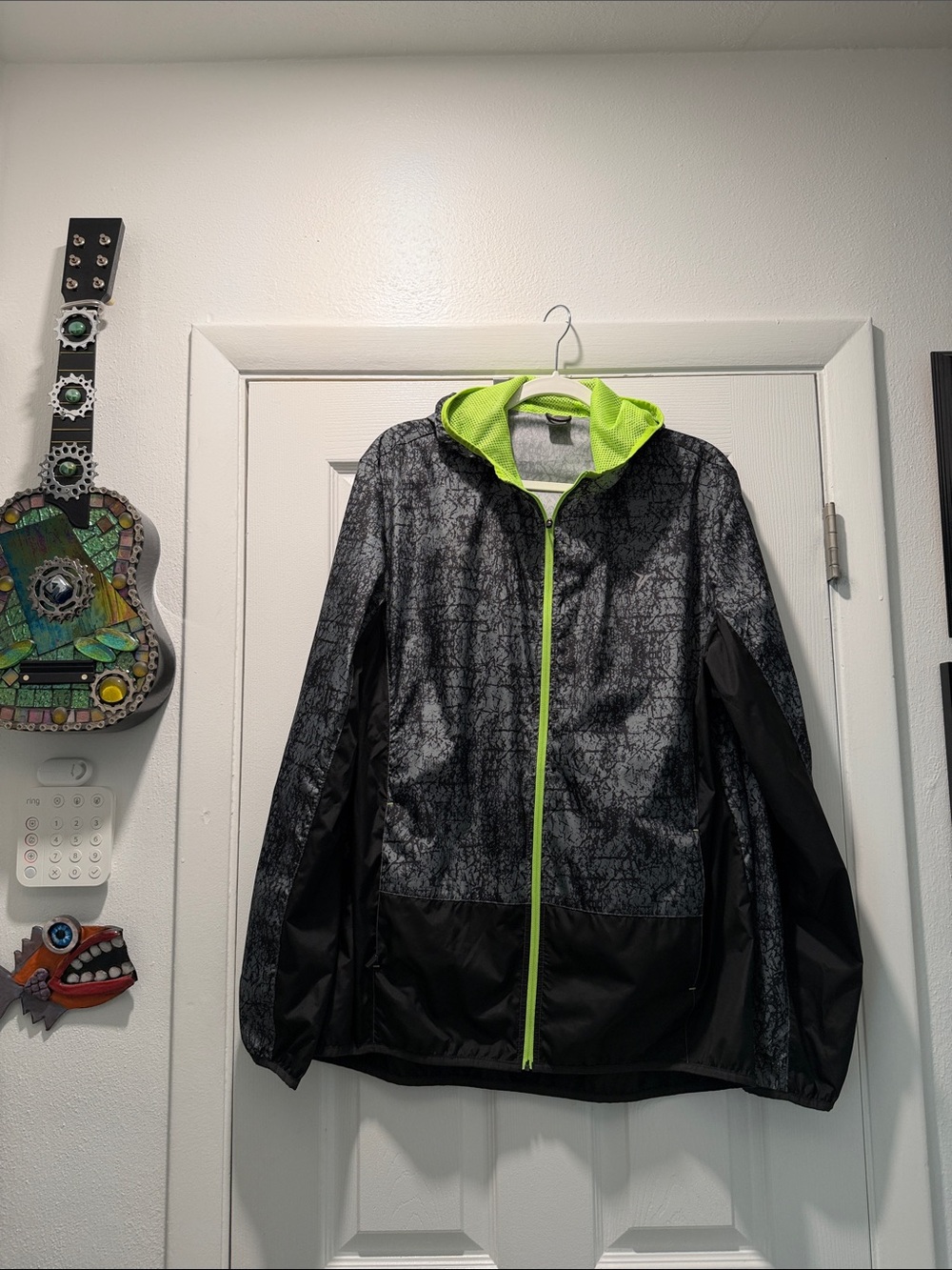 Old Navy Black Windbreaker with Neon Green Trim and Hood